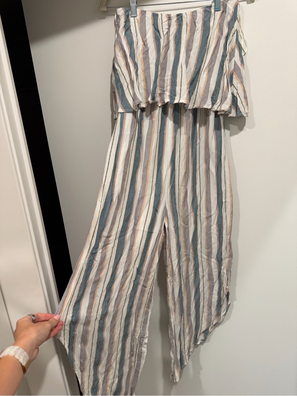 Striped Off-Shoulder Wide-Leg Jumpsuit in Blue and Cream
